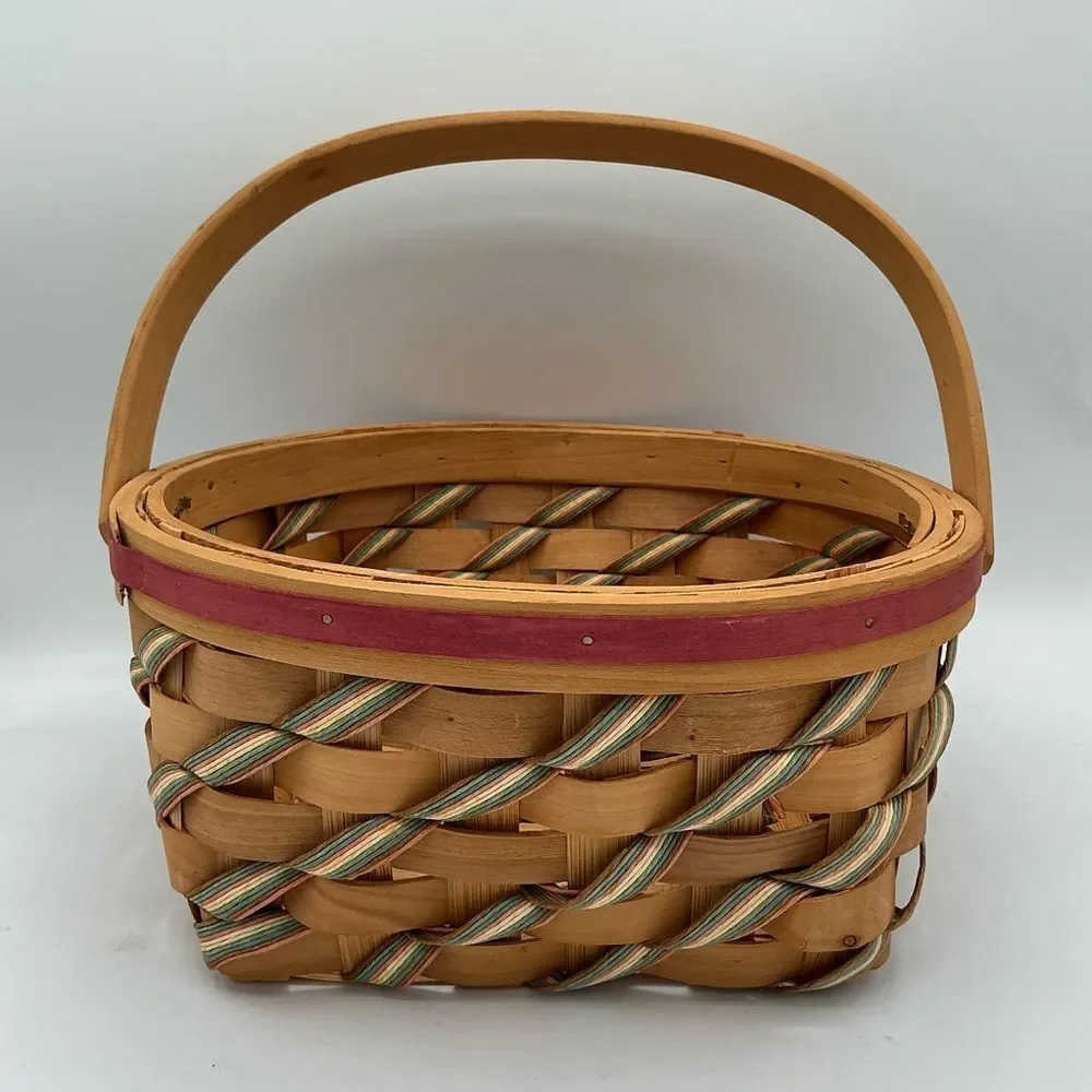 Striped Handwoven Round Basket Hinged Handle Pink/Green